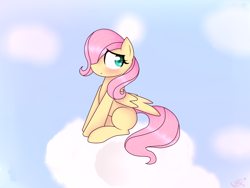 Size: 800x600 | Tagged: safe, artist:ultrard, fluttershy, pegasus, pony, blank flank, blushing, cloud, cloudy, colored pupils, filly fluttershy, looking away, on a cloud, shy, signature, sitting, solo