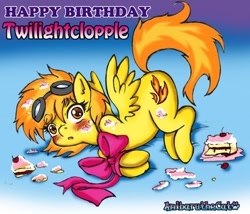 Size: 800x686 | Tagged: safe, artist:anibaruthecat, derpibooru import, spitfire, pegasus, pony, cake, cute, food, gift wrapped, goggles, solo