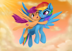 Size: 6000x4250 | Tagged: safe, artist:darksly, derpibooru import, rainbow dash, scootaloo, pegasus, pony, backwards cutie mark, best pony, blushing, cheek squish, cloud, crepuscular rays, crying, cute, cutealoo, duo, ear fluff, female, filly, floppy ears, flying, heartwarming, hug, lidded eyes, mare, one eye closed, scootaloo can fly, scootalove, sky, smiling, spread wings, squishy cheeks, tears of joy, wings, wink