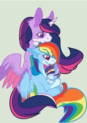 Size: 600x845 | Tagged: safe, artist:huskylaua, derpibooru import, rainbow dash, twilight sparkle, twilight sparkle (alicorn), oc, alicorn, pegasus, pony, base used, female, green background, lesbian, magical lesbian spawn, offspring, parent:rainbow dash, parent:twilight sparkle, parents:twidash, shipping, simple background, twidash