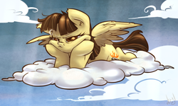 Size: 1000x600 | Tagged: safe, artist:atryl, wild fire, pegasus, pony, bored, cloud, cloudy, female, mare, on a cloud, solo, unamused, wild fire is not amused