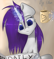 Size: 2000x2200 | Tagged: safe, artist:olennut, rarity, pony, unicorn, equestria daily, female, glowing horn, horn, levitation, magic, magic aura, mare, messy mane, mug, newspaper, solo, telekinesis