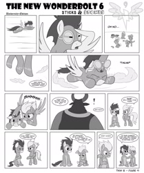 Size: 1600x1917 | Tagged: safe, artist:marmorexx, derpibooru import, fleetfoot, high winds, lord tirek, soarin', spitfire, surprise, pony, comic:the new wonderbolt, comic, exclamation point, goggles, monochrome