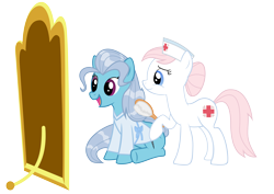 Size: 10095x7131 | Tagged: safe, artist:jaybugjimmies, nurse redheart, screw loose, absurd resolution, brushie, duo, duo female, female, hairbrush, mirror, sane, simple background, transparent background