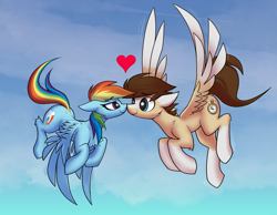 Size: 4500x3497 | Tagged: safe, artist:fenixdust, derpibooru import, rainbow dash, oc, oc:skittle, pegasus, pony, boop, canon x oc, cute, duo, female, flying, heart, male, noseboop, shipping, skidash, stallion