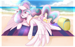 Size: 1024x640 | Tagged: safe, artist:twisted-sketch, princess celestia, alicorn, pony, beach, beach towel, clothes, female, looking at you, ocean, one-piece swimsuit, open-back swimsuit, print, prone, solo, swimsuit, towel, watermark