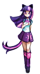 Size: 600x1094 | Tagged: safe, artist:lumineko, derpibooru import, twilight sparkle, human, backpack, blouse, boots, button-up shirt, clothes, equestria girls outfit, humanized, skirt, solo, tail, tailed humanization