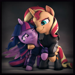 Size: 6000x6000 | Tagged: safe, artist:imafutureguitarhero, sci-twi, sunset shimmer, twilight sparkle, twilight sparkle (alicorn), alicorn, pony, unicorn, 3d, :j, absurd resolution, adidas, bipedal, blushing, boots, border, chromatic aberration, clothes, colored eyebrows, colored eyelashes, cute, cutie mark hair accessory, duo, equestria girls ponified, female, film grain, floppy ears, freckles, grin, hoodie, horn, leather, leather boots, lesbian, mare, multicolored mane, multicolored tail, nose wrinkle, one eye closed, ponified, raised hoof, revamped ponies, scitwilicorn, scitwishimmer, scrunchy face, shimmerbetes, shipping, shoes, signature, smiling, source filmmaker, square, sunsetsparkle, twiabetes, wall of tags, windswept mane, wings, wink