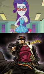 Size: 900x1500 | Tagged: safe, edit, screencap, apple bloom, rarity, sweetie belle, better together, equestria girls, happily ever after party, happily ever after party: rarity, comparison, geode of shielding, is that a jojo reference?, jojo's bizarre adventure, jotaro kujo, magical geodes, pointing, rarity's glasses, stardust crusaders, wrong aspect ratio