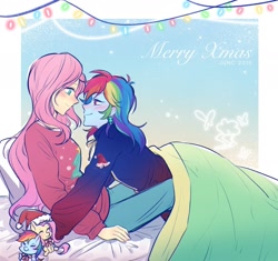 Size: 1975x1860 | Tagged: safe, artist:laochi777, derpibooru import, fluttershy, rainbow dash, pegasus, equestria girls, bed, christmas, christmas lights, female, flutterdash, holiday, lesbian, merry christmas, pillow, shipping