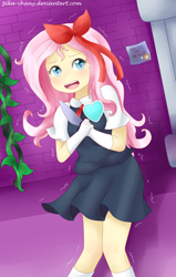 Size: 1400x2200 | Tagged: safe, artist:pika-chany, fluttershy, equestria girls, blushing, clothes, crossover, cute, gloves, hair bow, knife, light blue soul, scared, shaking, shivering, shyabetes, skirt, socks, solo, undertale