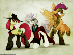 Size: 900x677 | Tagged: safe, artist:foxinshadow, apple bloom, scootaloo, sweetie belle, adult, armor, badass, boots, chest fluff, clothes, cowboy hat, cutie mark crusaders, eyepatch, hat, hoof boots, older, suit