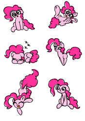 Size: 700x1000 | Tagged: safe, artist:yooyfull, pinkie pie, earth pony, pony, :o, floppy ears, on back, pronking, sad, sleeping, tongue out, upside down, zzz