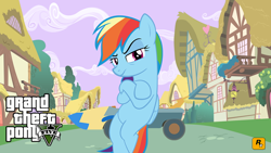 Size: 900x506 | Tagged: safe, derpibooru import, edit, rainbow dash, pegasus, pony, background edit, car, crossed arms, grand theft auto, gta v, logo, looking at you, wallpaper