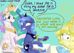 Size: 4823x3445 | Tagged: safe, artist:darkest-lunar-flower, princess celestia, princess luna, oc, alicorn, pony, unicorn, absurd resolution, blood, doctor, eyelashes, eyeshadow, female, luna is not amused, makeup, mare, on the moon for too long, pinpoint eyes, ponified, royal sisters, steven universe, syringe, tourniquet, underhoof, yellow pearl (steven universe)