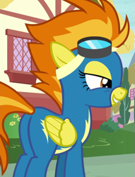 Size: 549x718 | Tagged: safe, derpibooru import, screencap, spitfire, pegasus, pony, newbie dash, clothes, cropped, female, goggles, mare, plot, solo, uniform, wonderbolts uniform