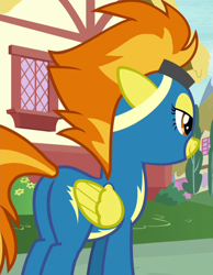 Size: 558x718 | Tagged: safe, derpibooru import, screencap, spitfire, pegasus, pony, newbie dash, clothes, cropped, female, goggles, mare, plot, solo, uniform, wonderbolts uniform