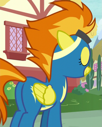 Size: 575x718 | Tagged: safe, derpibooru import, screencap, spitfire, pegasus, pony, newbie dash, clothes, cropped, eyes closed, female, goggles, mare, plot, solo, uniform, wonderbolts uniform