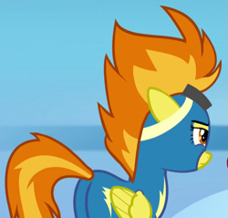 Size: 595x569 | Tagged: safe, derpibooru import, screencap, spitfire, pegasus, pony, newbie dash, clothes, cropped, female, goggles, mare, plot, solo, uniform, wonderbolts uniform