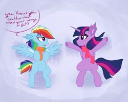 Size: 1920x1536 | Tagged: safe, artist:koloredkat, derpibooru import, rainbow dash, twilight sparkle, twilight sparkle (alicorn), alicorn, pegasus, pony, clothes, dialogue, ear fluff, featureless crotch, female, lesbian, looking at each other, mare, scarf, shipping, snow, snow angel, spread legs, spread wings, spreading, twidash, wings