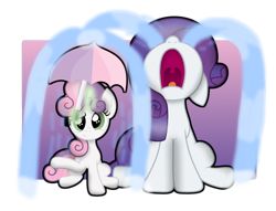 Size: 1024x782 | Tagged: safe, artist:bubbly-storm, rarity, sweetie belle, pony, unicorn, crying, drama queen, female, marshmelodrama, nose in the air, ocular gushers, simple background, sisters, sweetie belle's magic brings a great big smile, transparent background, umbrella, uvula