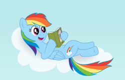 Size: 900x575 | Tagged: safe, artist:m.w., derpibooru import, rainbow dash, pegasus, pony, cloud, female, mare, on a cloud, reading, solo