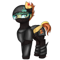 Size: 2400x2400 | Tagged: safe, artist:vinviasshine, derpibooru import, spitfire, pegasus, pony, alternate hairstyle, armor, buttons, detailed, female, helmet, mask, simple background, solo, transparent background