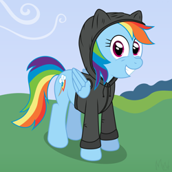 Size: 900x900 | Tagged: safe, artist:m.w., derpibooru import, rainbow dash, pegasus, pony, clothes, female, hoodie, looking at you, mare, smiling, solo