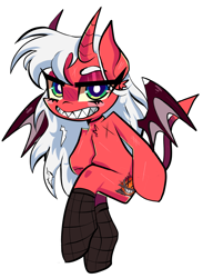 Size: 1611x2103 | Tagged: safe, artist:peachesandcreamated, oc, oc only, oc:mayniacal, demon, demon pony, original species, amputee, clothes, devil horns, fangs, fishnet stockings, grin, monster mare, sharp teeth, simple background, sitting, smiling, socks, solo, stockings, teeth, thigh highs, white background