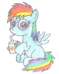 Size: 500x625 | Tagged: safe, artist:m.w., derpibooru import, rainbow dash, pegasus, pony, blank flank, cute, female, filly, filly rainbow dash, juice, juice box, mare, simple background, solo, white background, younger