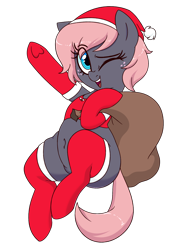 Size: 1500x2100 | Tagged: safe, artist:notenoughapples, oc, oc:vedalia rose, earth pony, pony, christmas, clothes, hat, holiday, leggings, one eye closed, santa hat, simple background, smiling, solo, stockings, thigh highs, transparent background, underhoof, wink