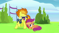 Size: 1280x720 | Tagged: safe, derpibooru import, screencap, scootaloo, spitfire, pegasus, pony, the washouts (episode), bitchfire, clothes, duo, female, filly, foal, mare, scared, uniform, wonderbolts dress uniform