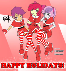 Size: 2000x2160 | Tagged: safe, artist:oldskullkid, apple bloom, scootaloo, sweetie belle, equestria girls, christmas, clothes, cute, cutie mark crusaders, dress, holiday, miniskirt, panties, red underwear, shoes, skirt, skirtaloo, socks, striped socks, thigh highs, underwear, upskirt