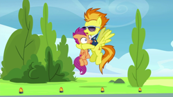 Size: 1280x720 | Tagged: safe, derpibooru import, screencap, scootaloo, spitfire, pegasus, pony, the washouts (episode), clothes, duo, eyes closed, female, filly, flying, foal, hug, mare, scootabuse, uniform, wonderbolts dress uniform