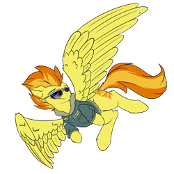 Size: 2300x2300 | Tagged: safe, artist:whyena, derpibooru import, spitfire, pegasus, pony, bomber jacket, clothes, female, flying, glasses, jacket, simple background, solo, transparent background