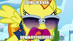 Size: 888x499 | Tagged: safe, derpibooru import, edit, edited screencap, screencap, spitfire, pegasus, pony, the washouts (episode), chris farley, clothes, female, image macro, living in a van down by the river, mare, matt foley, meme, open mouth, saturday night live, solo, uniform, wonderbolts dress uniform