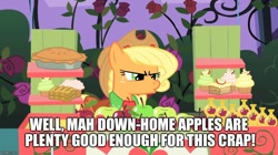Size: 888x499 | Tagged: safe, edit, edited screencap, screencap, applejack, earth pony, pony, the best night ever, apple, apple cider, apple fritter (food), apple pie, clothes, cupcake, dress, food, food stand, gala dress, image macro, meme, mondegreen, pie, solo