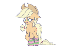 Size: 900x675 | Tagged: safe, artist:heir-of-rick, applejack, earth pony, pony, clothes, open mouth, sad, simple background, socks, striped socks