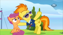 Size: 854x480 | Tagged: safe, derpibooru import, screencap, scootaloo, spitfire, pegasus, pony, the washouts (episode), spoiler:s08, boomerang (tv channel), clothes, duo, female, filly, foal, mare, uniform, wonderbolts dress uniform