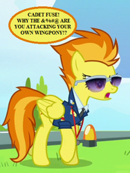 Size: 324x432 | Tagged: safe, derpibooru import, edit, edited screencap, screencap, spitfire, pegasus, pony, the washouts (episode), top bolt, angry, censored vulgarity, cropped, female, grawlixes, implied short fuse, landing strip, mare, speech bubble, sunglasses, text, vulgar, whistle, wonderbolts headquarters