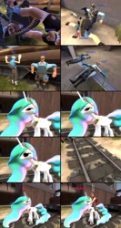 Size: 2056x3877 | Tagged: safe, artist:jackass67, princess celestia, alicorn, pony, comic:the crate, blighted beak, brotherhood of arms, builder's blueprints, delinquent's down vest, direct hit, engineer, heavy, hermes, hornblower, hound dog, medic, professor speks, professor's peculiarity, pyro, sandman, scout, skull island topper, soldier, stahlhelm, team fortress 2