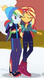 Size: 299x528 | Tagged: safe, screencap, rainbow dash, sunset shimmer, better together, equestria girls, holidays unwrapped, beanie, boots, clothes, cropped, hat, shoes, sneakers, winter outfit