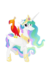 Size: 774x1032 | Tagged: safe, artist:pony-from-everfree, philomena, princess celestia, alicorn, pony, crown, digital art, gold, horseshoes, jewelry, jewels, lineless, messy mane, necklace, perch, pet, regalia, royalty, simple background, transparent background, vector