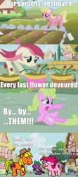 Size: 852x1920 | Tagged: safe, edit, edited screencap, screencap, applejack, daisy, flower wishes, lily, lily valley, pinkie pie, roseluck, spike, pig, applebuck season, caption, comic sans, flower, garden, meme, ms paint, op is on drugs, piggie pie, pigified, species swap, stylistic suck