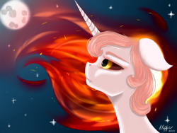 Size: 1024x768 | Tagged: safe, artist:blackcatsamurai, daybreaker, princess celestia, alicorn, pony, a royal problem, fangs, floppy ears, full moon, missing accessory, moon, night, solo, transformation