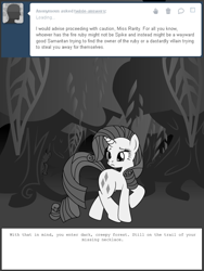 Size: 600x800 | Tagged: safe, artist:dekomaru, rarity, pony, unicorn, ask, diamondstuck, everfree forest, forest, monochrome, solo, tumblr, tumblr:ask twixie