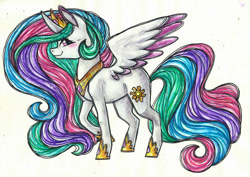 Size: 1024x727 | Tagged: safe, artist:twixyamber, princess celestia, alicorn, pony, colored wings, colored wingtips, solo, traditional art