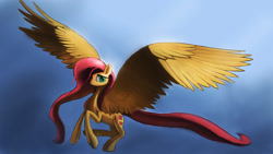 Size: 1280x723 | Tagged: dead source, safe, artist:auroriia, fluttershy, pegasus, pony, flying, impossibly large wings, solo, spread wings