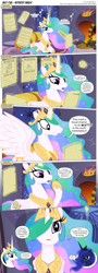 Size: 3300x9204 | Tagged: safe, artist:perfectblue97, princess celestia, princess luna, oc, oc:ilovekimpossiblealot, oc:silver quill, alicorn, pony, comic:without magic, absurd resolution, canterlot castle, comic, fireplace, wanted poster