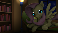 Size: 1920x1080 | Tagged: safe, artist:majorrainbow, fluttershy, pegasus, pony, 3d, book, bookshelf, lamp, looking at you, night, prone, sofa, solo, source filmmaker